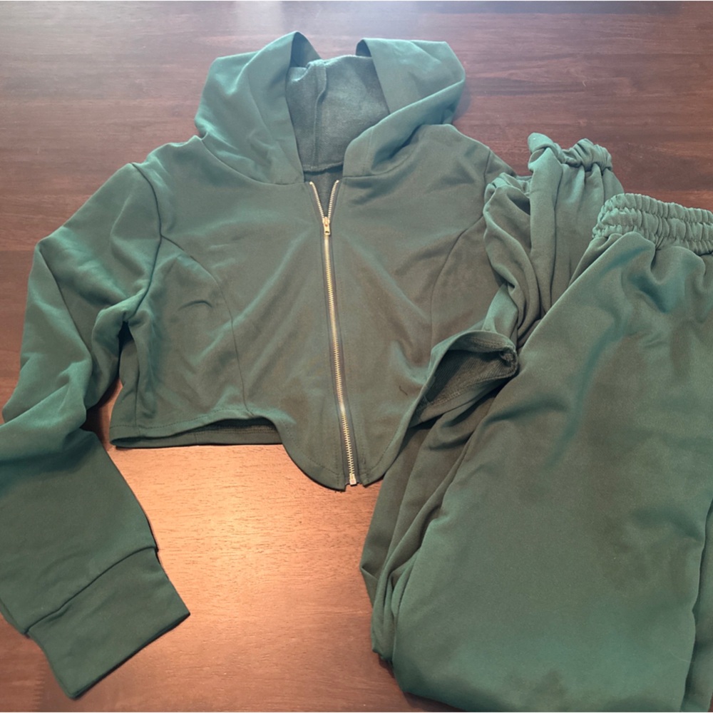 Womens Two Piece Outfits Tracksuit Green Size Small Sweatsuit Cropped Zip Up - Picture 8 of 8